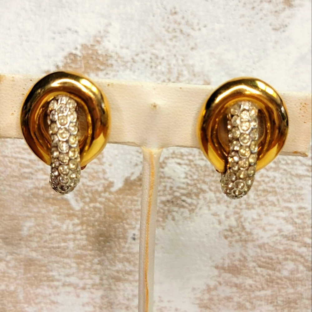 Kenneth Lane Elegant Gold and Silver Rhinestone Clip On Earrings 1" x 3/4"